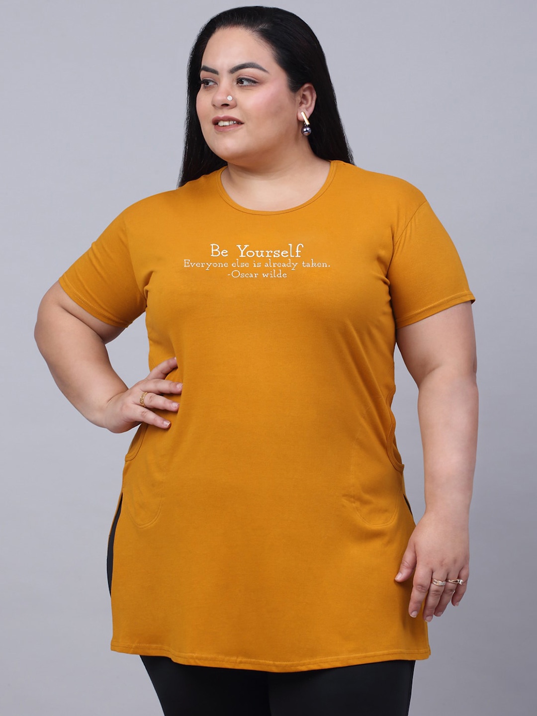 

Trend Level Plus Size Typography Printed Pure Cotton Longline T-shirt, Mustard