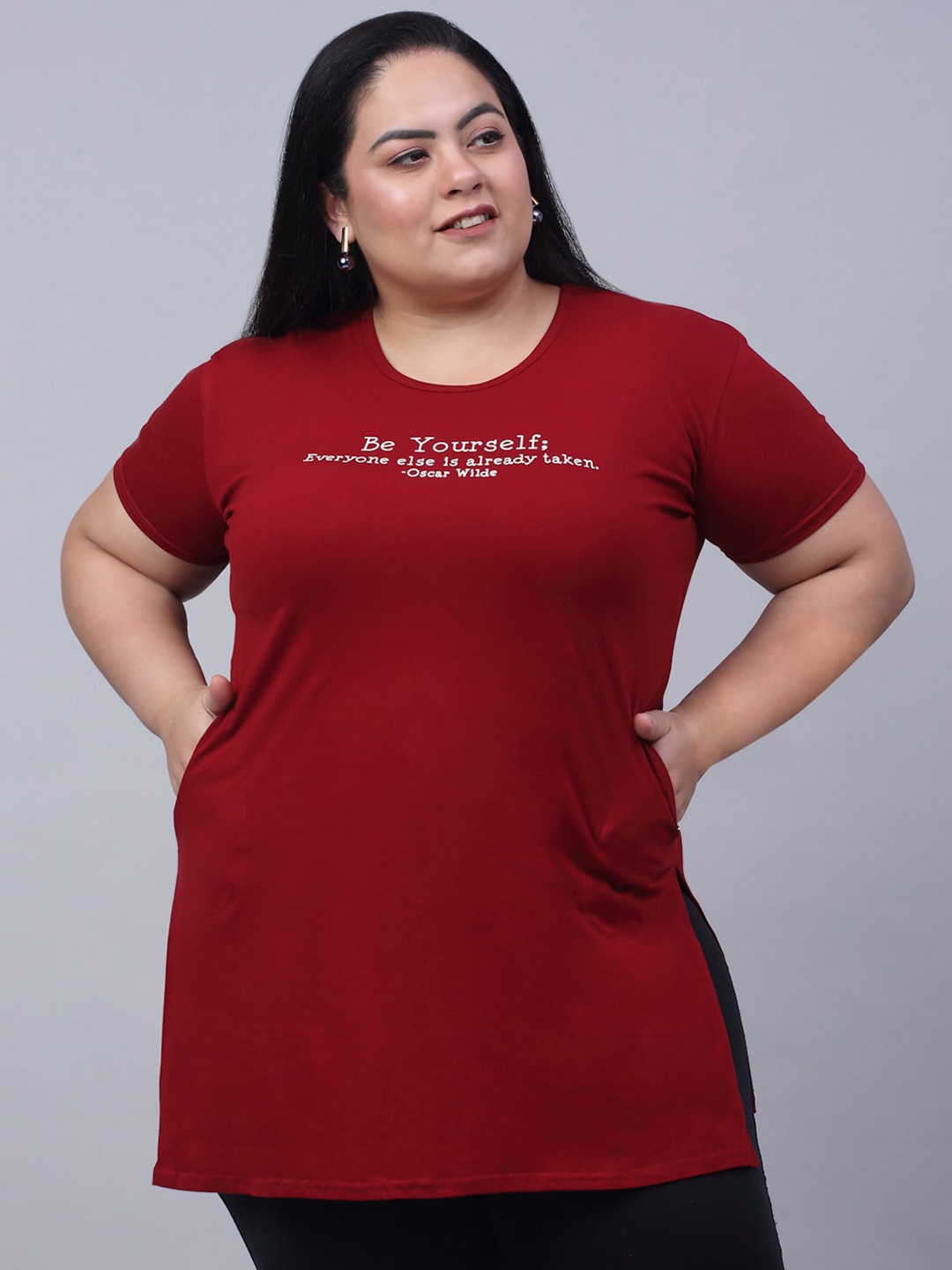 

Trend Level Plus Size Typography Printed Pure Cotton Longline T-shirt, Maroon