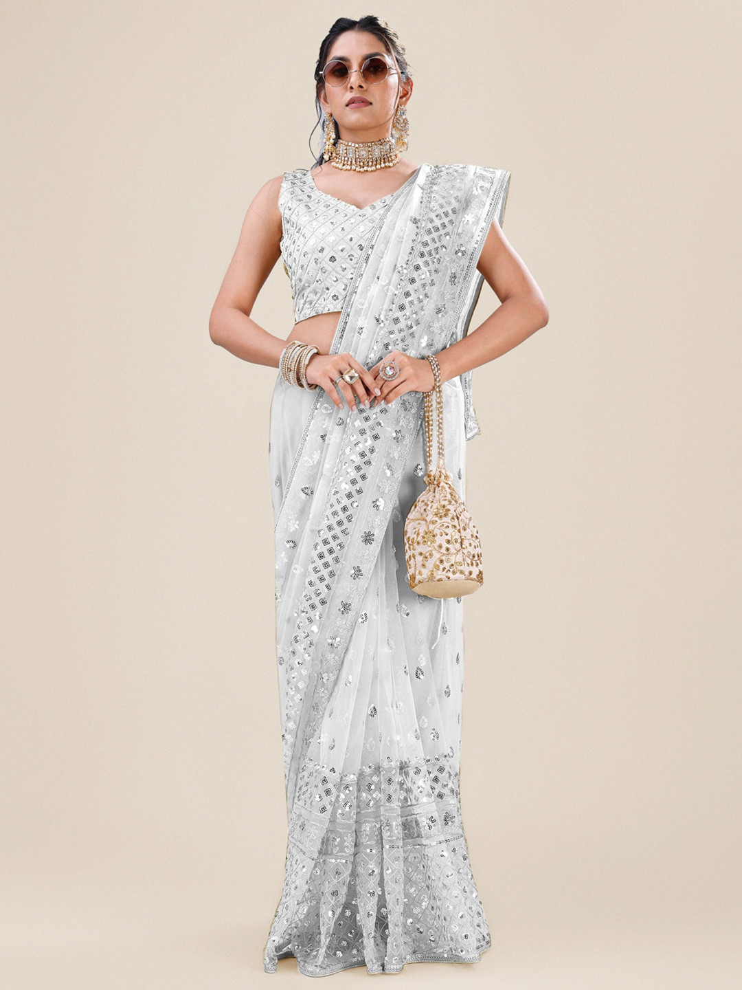 

Roykals Ethnic Motifs Embroidered Sequinned Net Saree, Silver