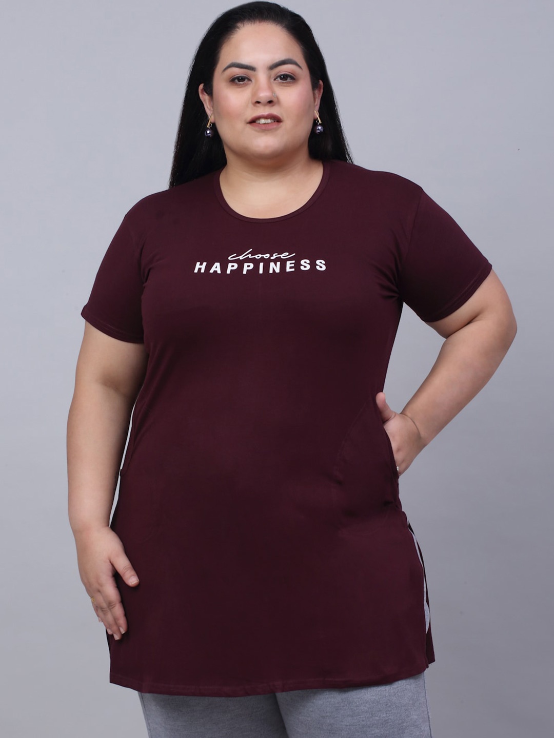 

Trend Level Plus Size Typography Printed Pure Cotton Longline T-shirt, Burgundy