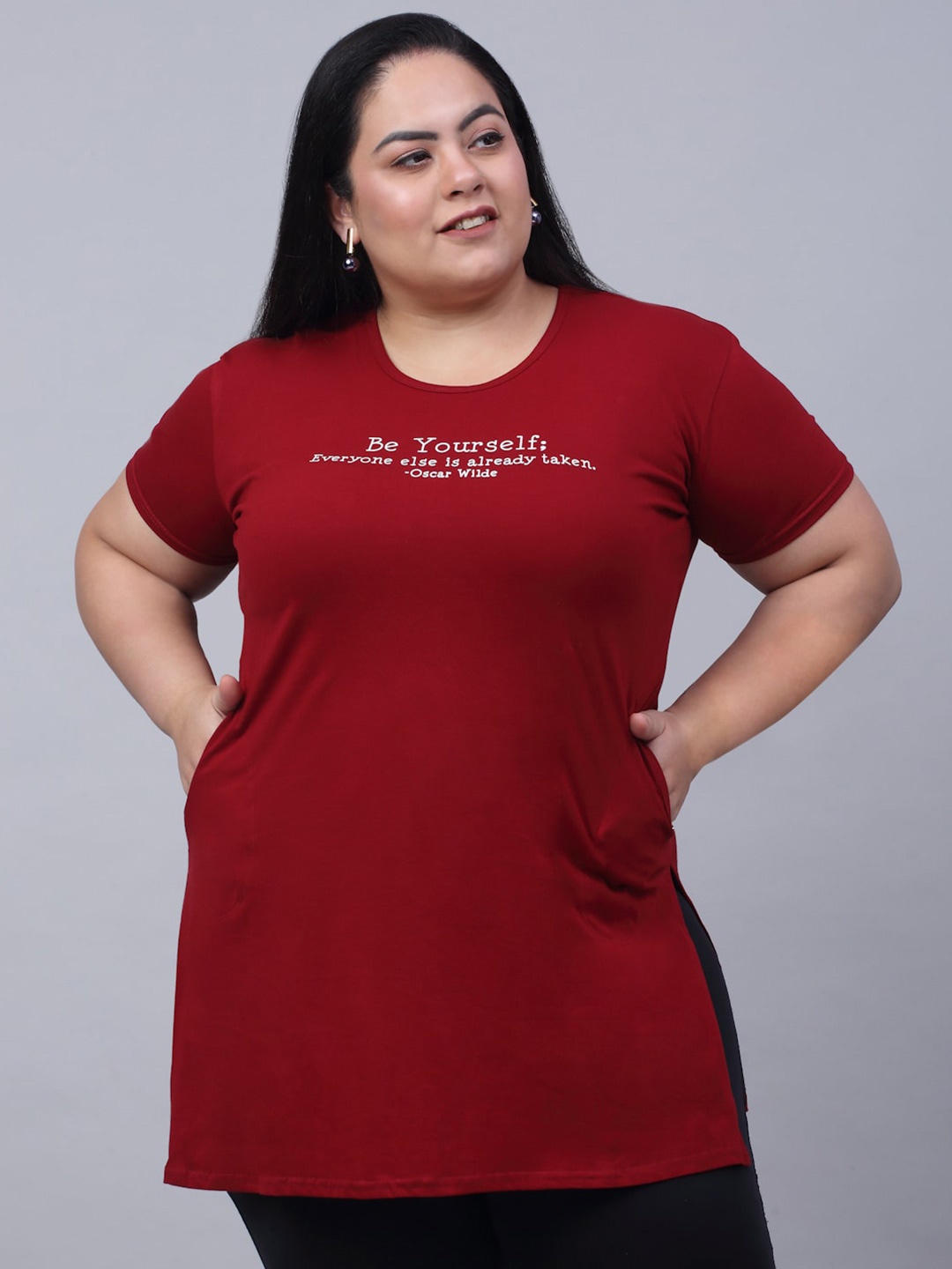 

Trend Level Plus Size Typography Printed Pure Cotton Longline T-shirt, Maroon