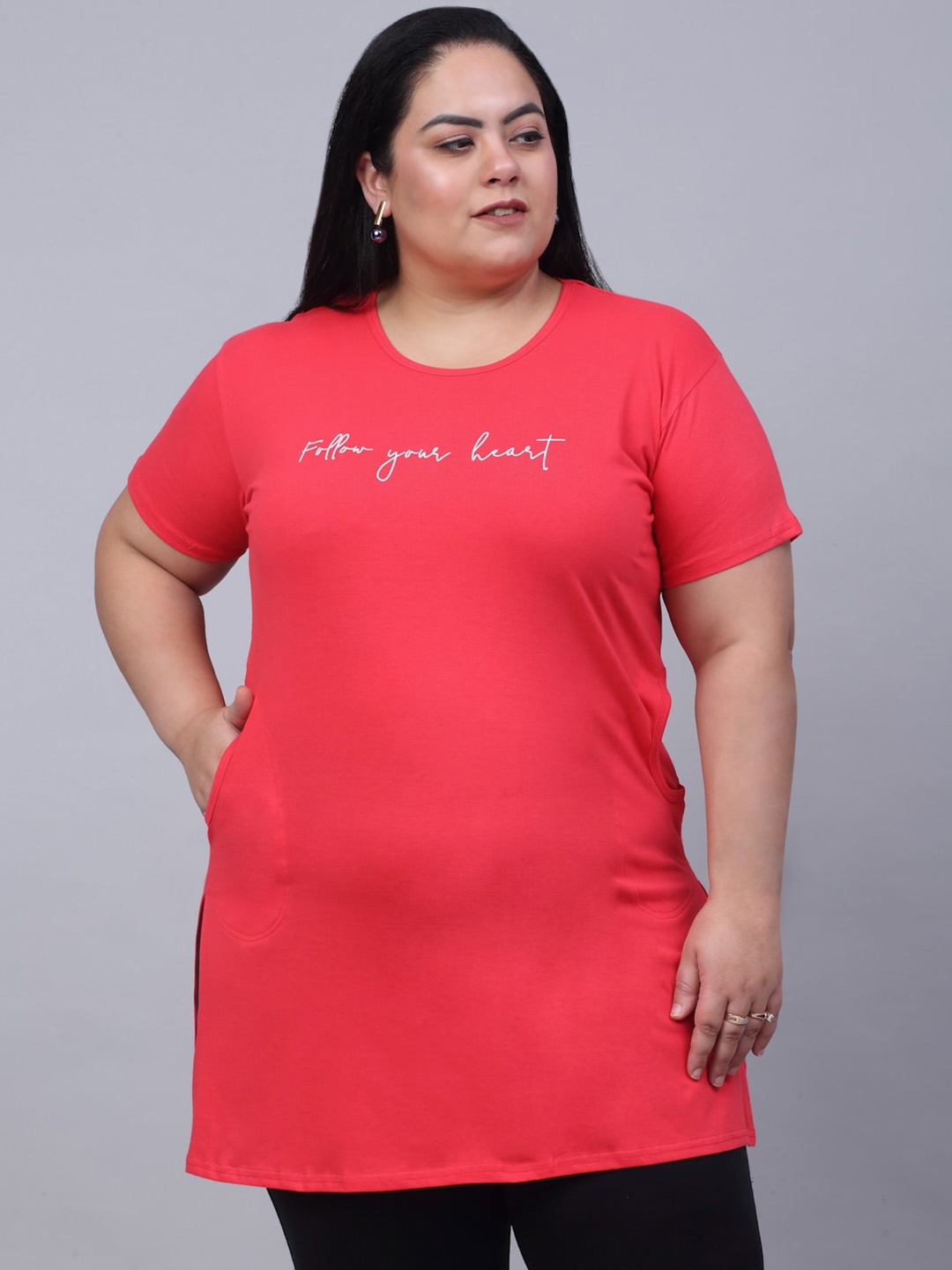 

Trend Level Plus Size Typography Printed Pure Cotton Longline T-shirt, Coral