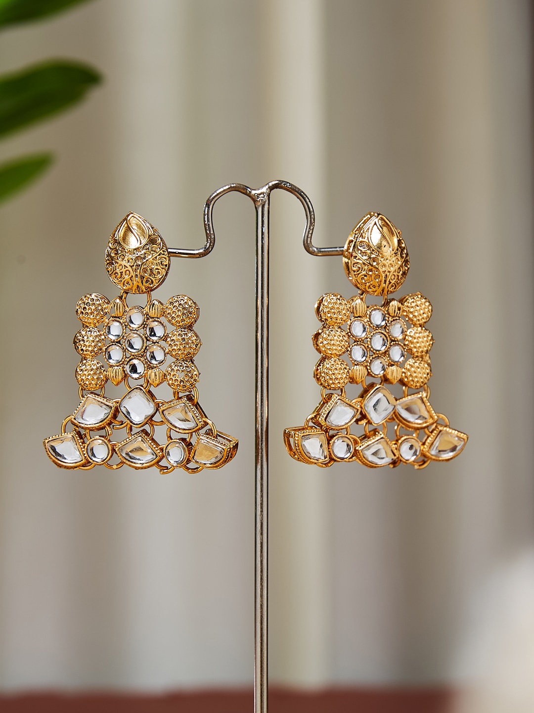 

ATIBELLE Gold Plated & Kundan Stone Studded Contemporary Drop Earrings