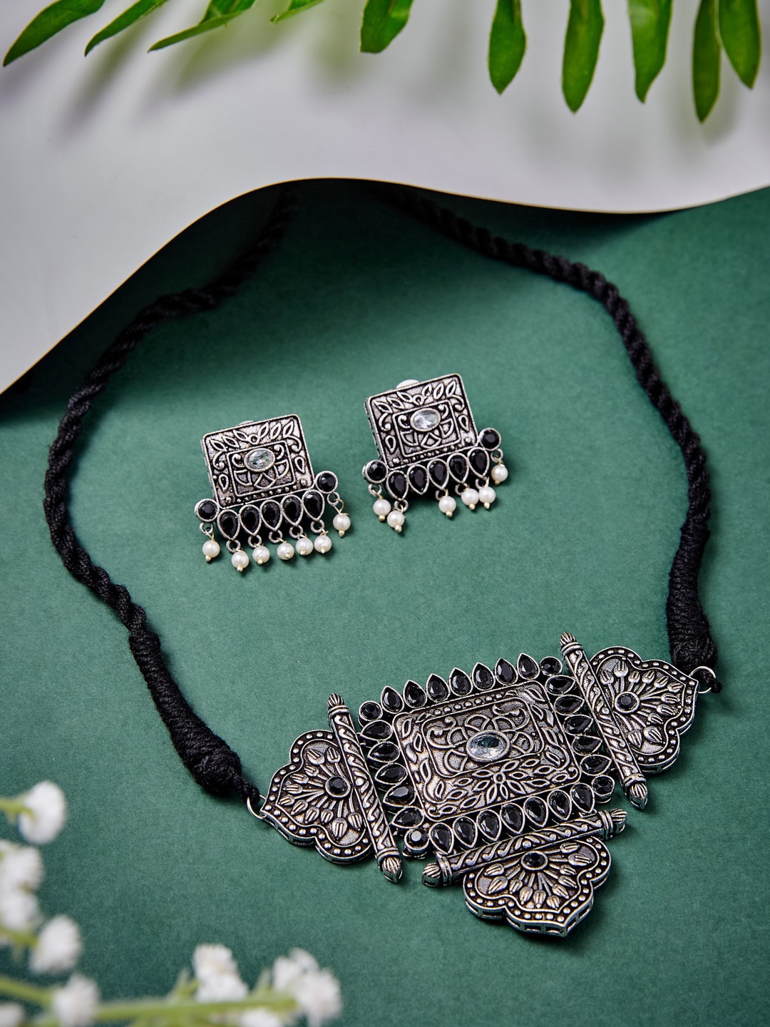 

ATIBELLE Silver-Plated German Silver Stones-Studded & Beaded Jewellery Set