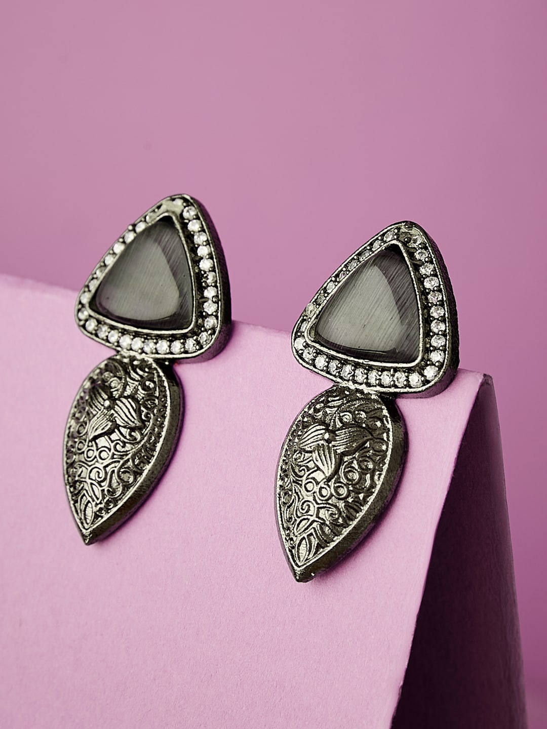 

ATIBELLE Silver Plated German Silver American Diamond Contemporary Drop Earrings
