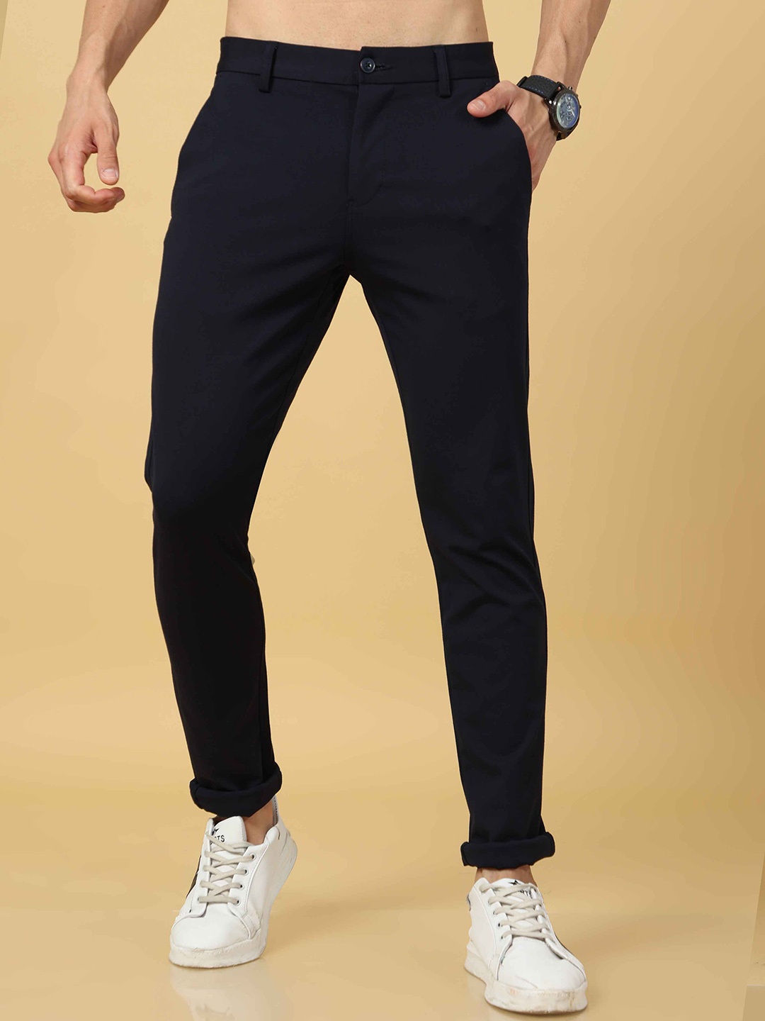 

Tailoraedge Men Comfort Regular Fit Mid-Rise Plain Trousers, Navy blue