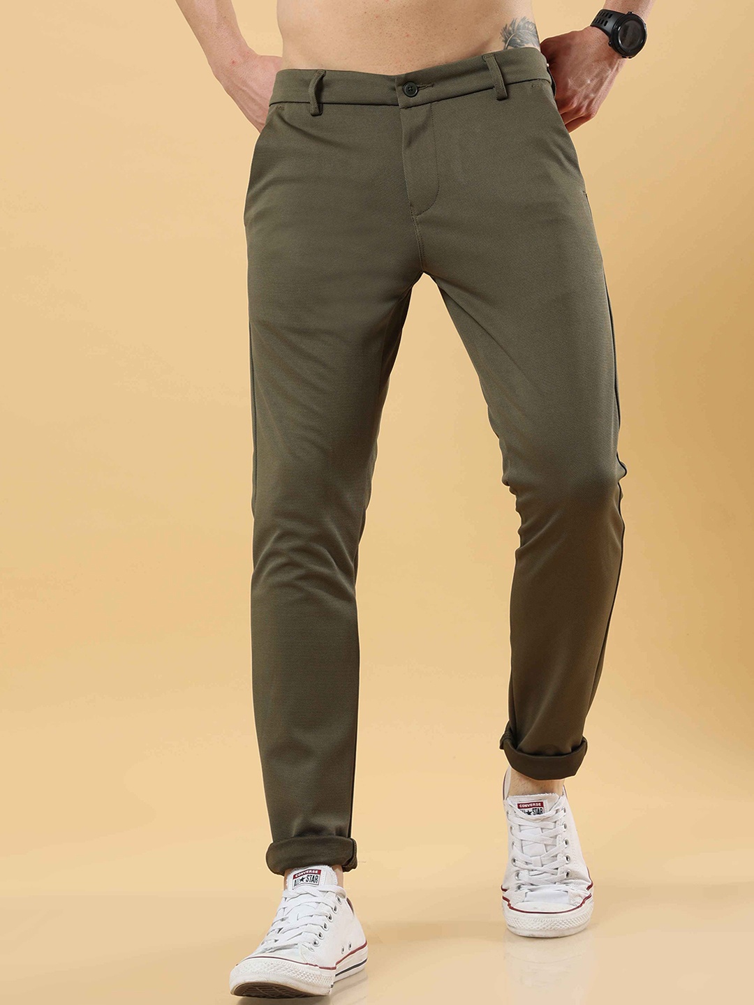 

Tailoraedge Men Relaxed Regular Fit Mid-Rise Plain Chinos, Olive