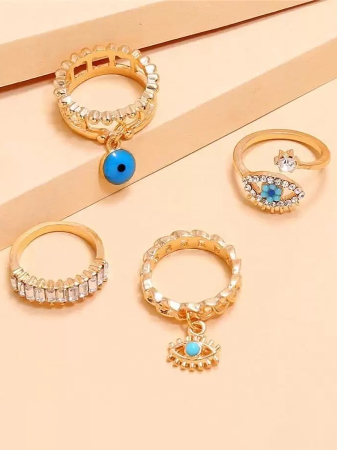 KRYSTALZ Set of 4 Gold-Plated Stone-Studded Finger Ring