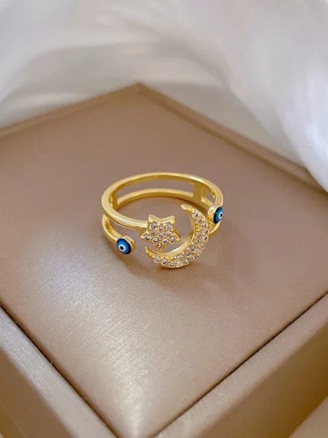 

KRYSTALZ Gold-Plated Crystal Moon Star Turkish Blue Evil Eye Adjustable Finger Ring