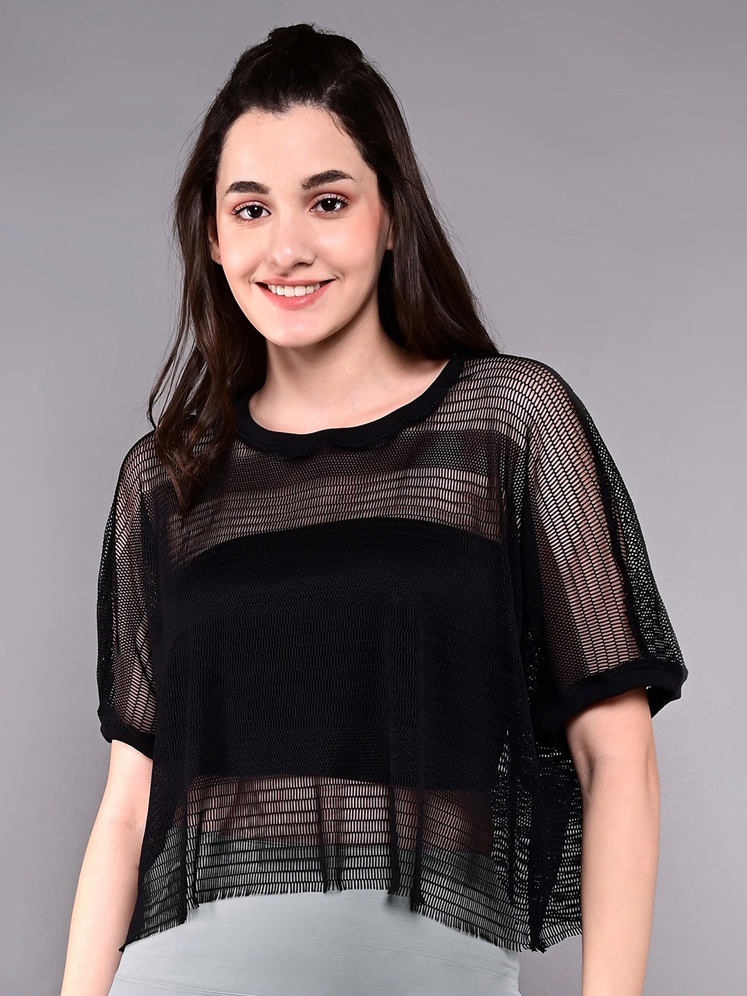 

Tuna London Self Design Sheer Extended Sleeves Sports Top, Black