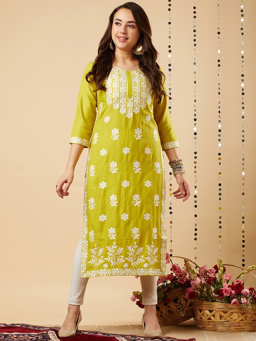 

KALINI Ethnic Motifs Embroidered Straight Kurta, Yellow