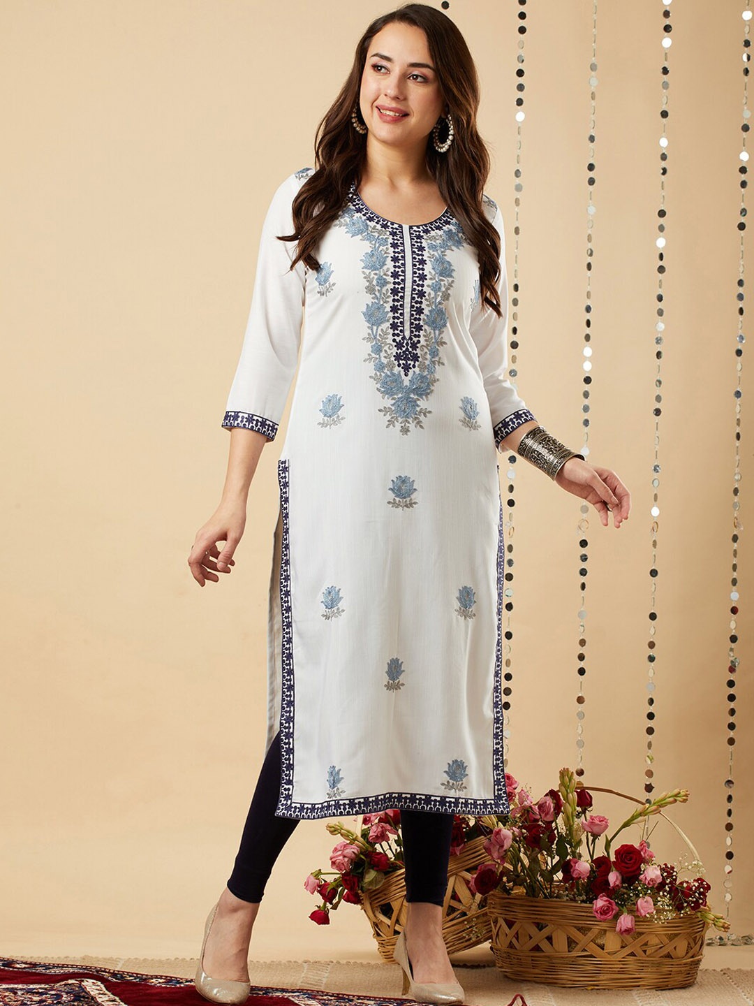 

KALINI Floral Embroidered Straight Kurta, White