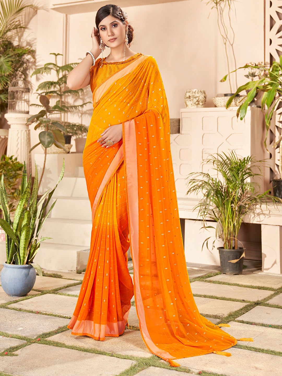 

SANSKAR Ethnic Motifs Zari Poly Georgette Saree, Yellow