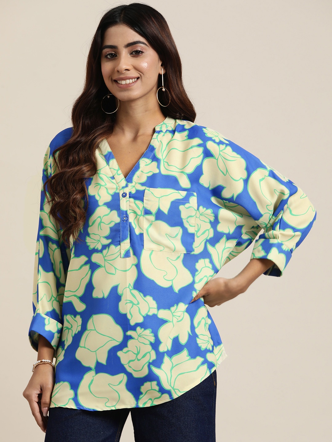 

HERE&NOW Floral Print Extended Sleeves Top, Blue
