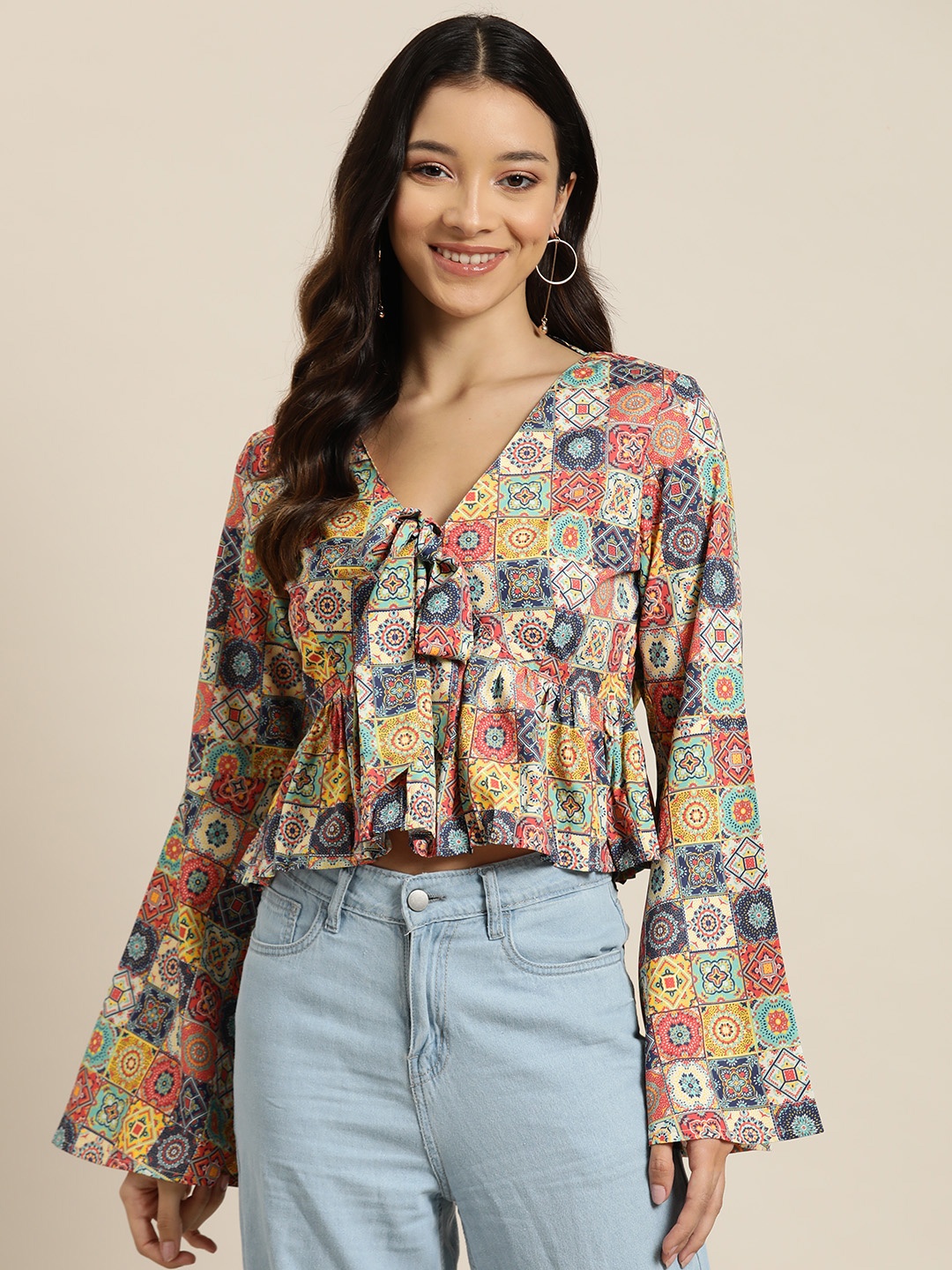 

HERE&NOW Printed Tie-Up Detail Empire Top, Multi
