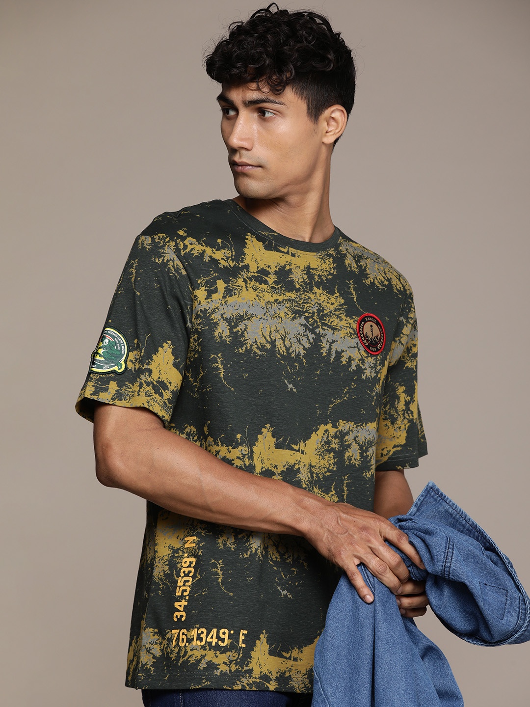 

WROGN X Indian Infantry by A47 Printed Drop-Shoulder Pure Cotton Applique Detail T-shirt, Green