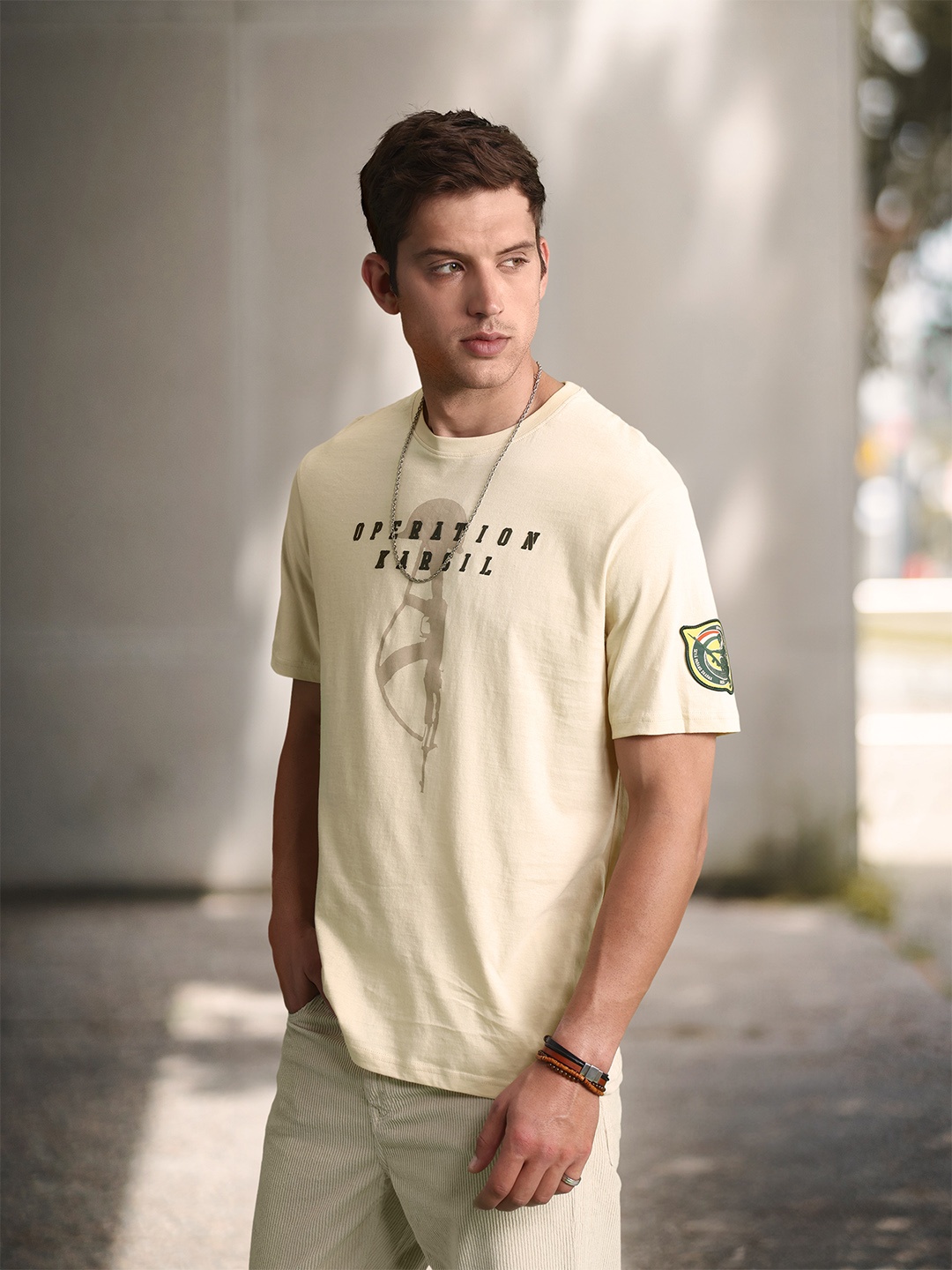

WROGN X Indian Infantry by A47 Printed Drop-Shoulder Sleeves Pure Cotton T-shirt, Beige