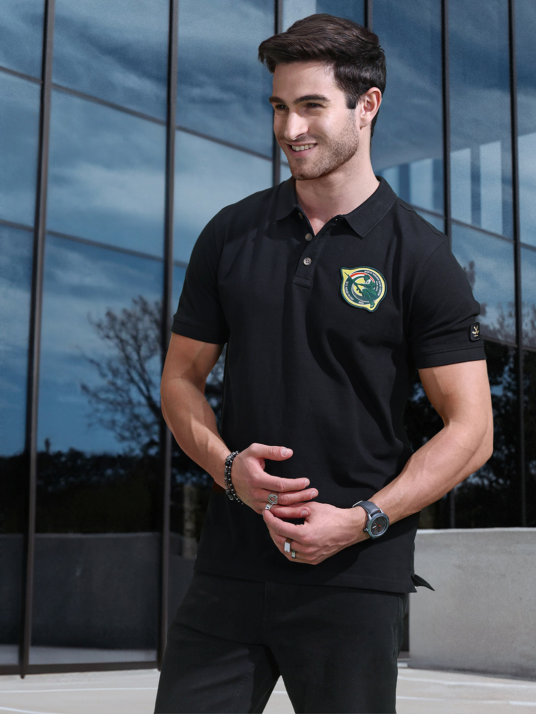 

WROGN X Indian Infantry by A47 Polo Collar Pure Cotton Applique Detail Slim Fit T-shirt, Black