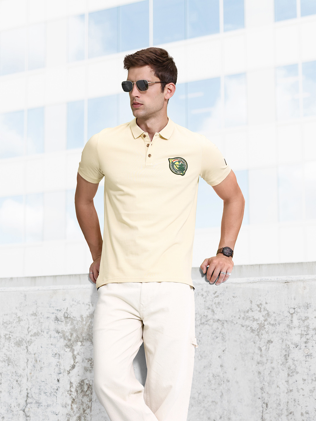 

WROGN X Indian Infantry by A47 Polo Collar Pure Cotton Applique Detail Slim Fit T-shirt, Beige
