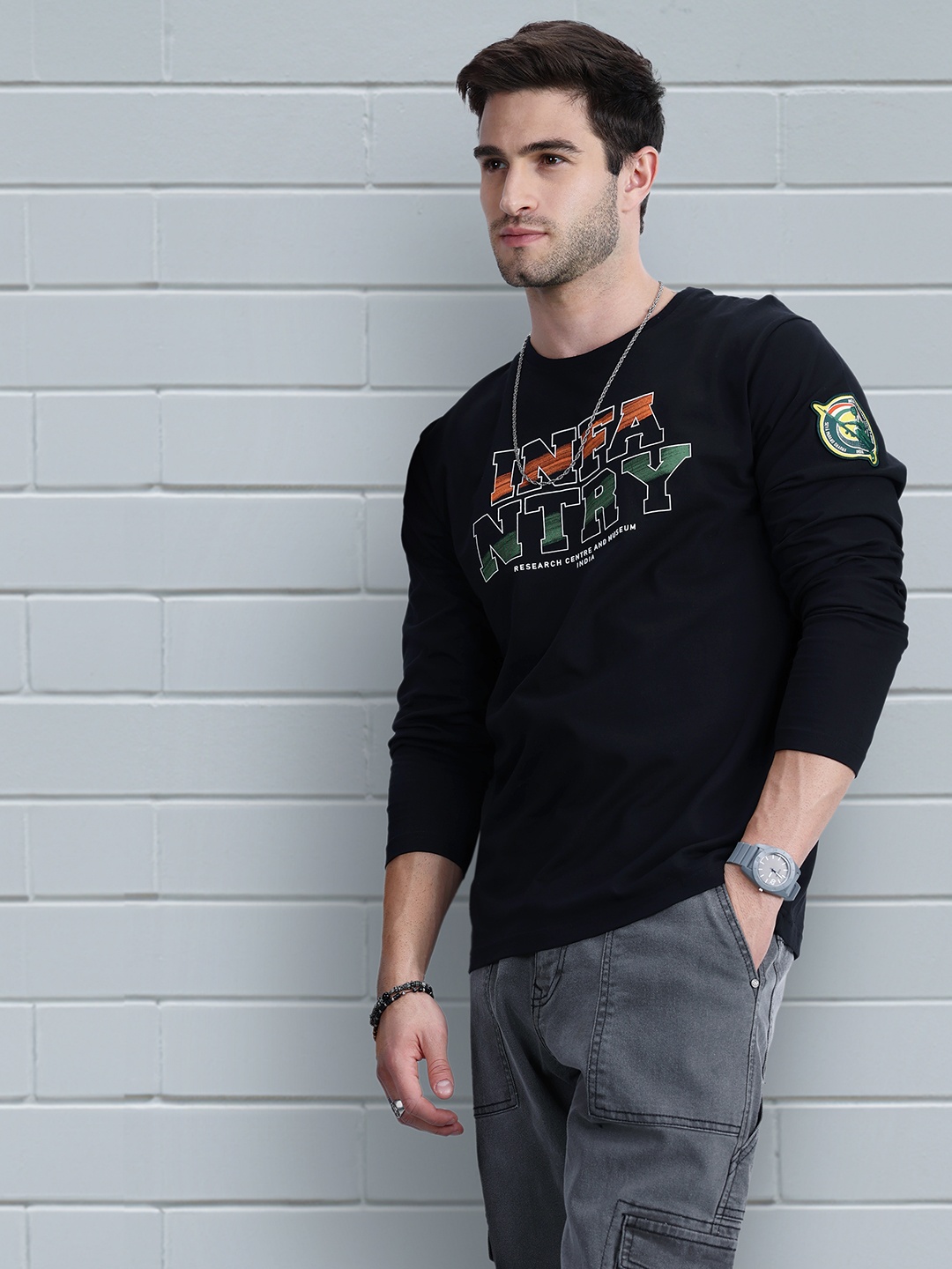 

WROGN X Indian Infantry by A47 Printed Pure Cotton T-shirt, Black