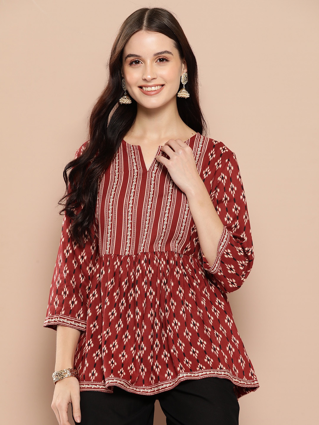 

HERE&NOW Ethnic Motifs Printed Pleated Kurti, Brown