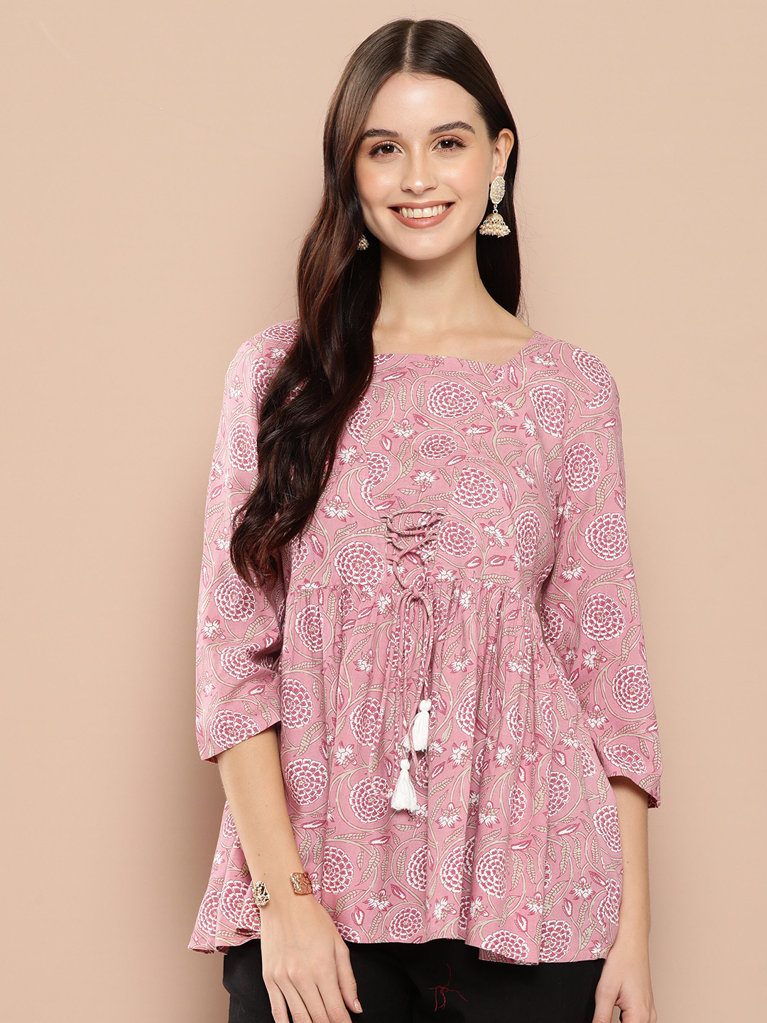

HERE&NOW Floral Printed Pleated Kurti, Pink