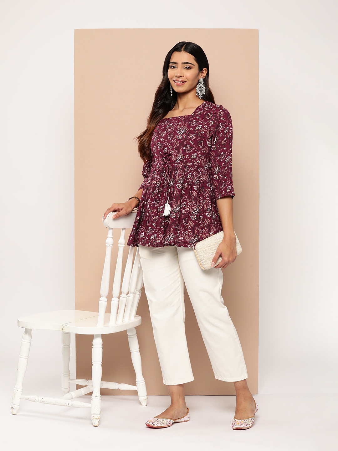 

HERE&NOW Floral Print Square Neck Pleated Kurti, Maroon