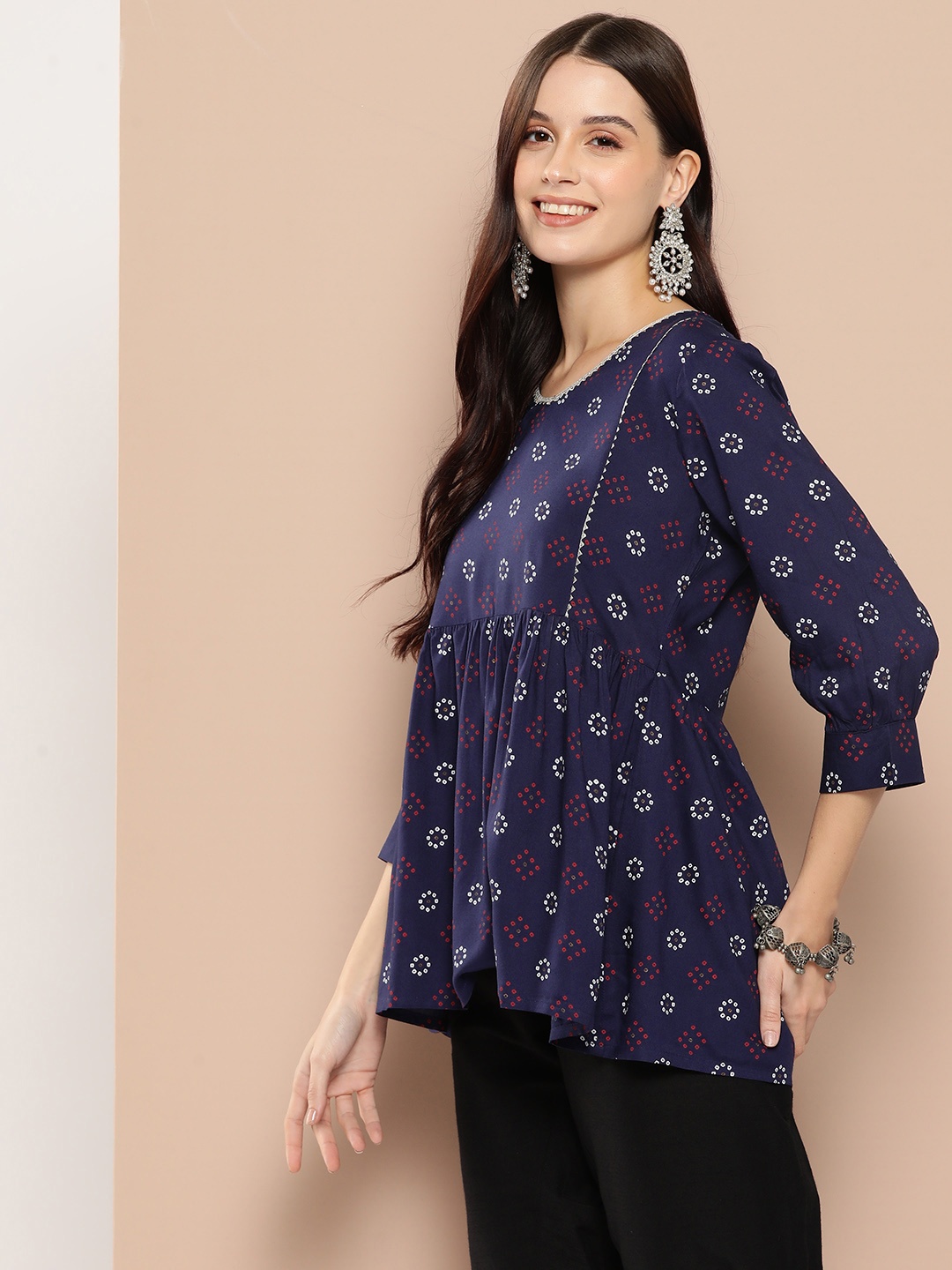 

HERE&NOW Bandhani Printed Kurti, Navy blue