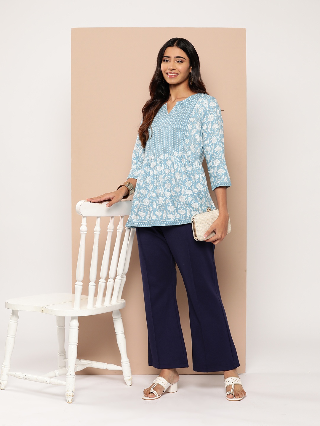 

HERE&NOW Floral Print Pleated Kurti, Blue