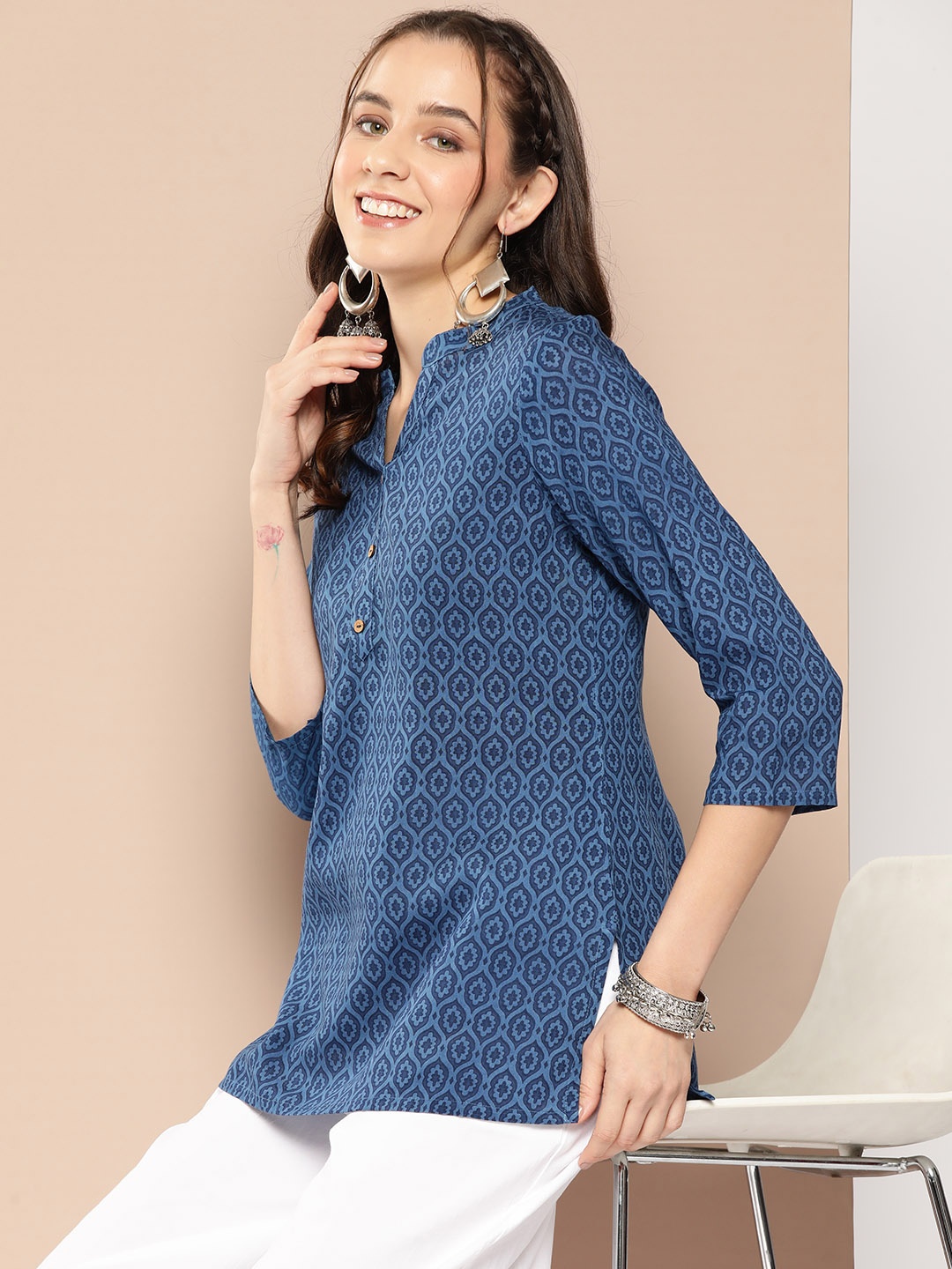 

HERE&NOW Ethnic Motifs Print Kurti, Blue