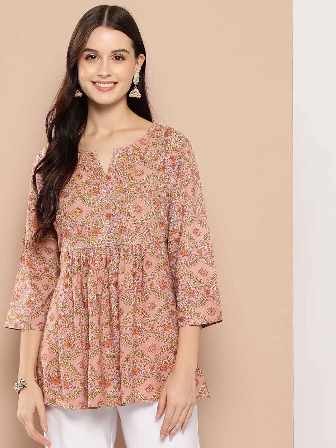 

HERE&NOW Floral Printed Zari Pleated Kurti, Rose