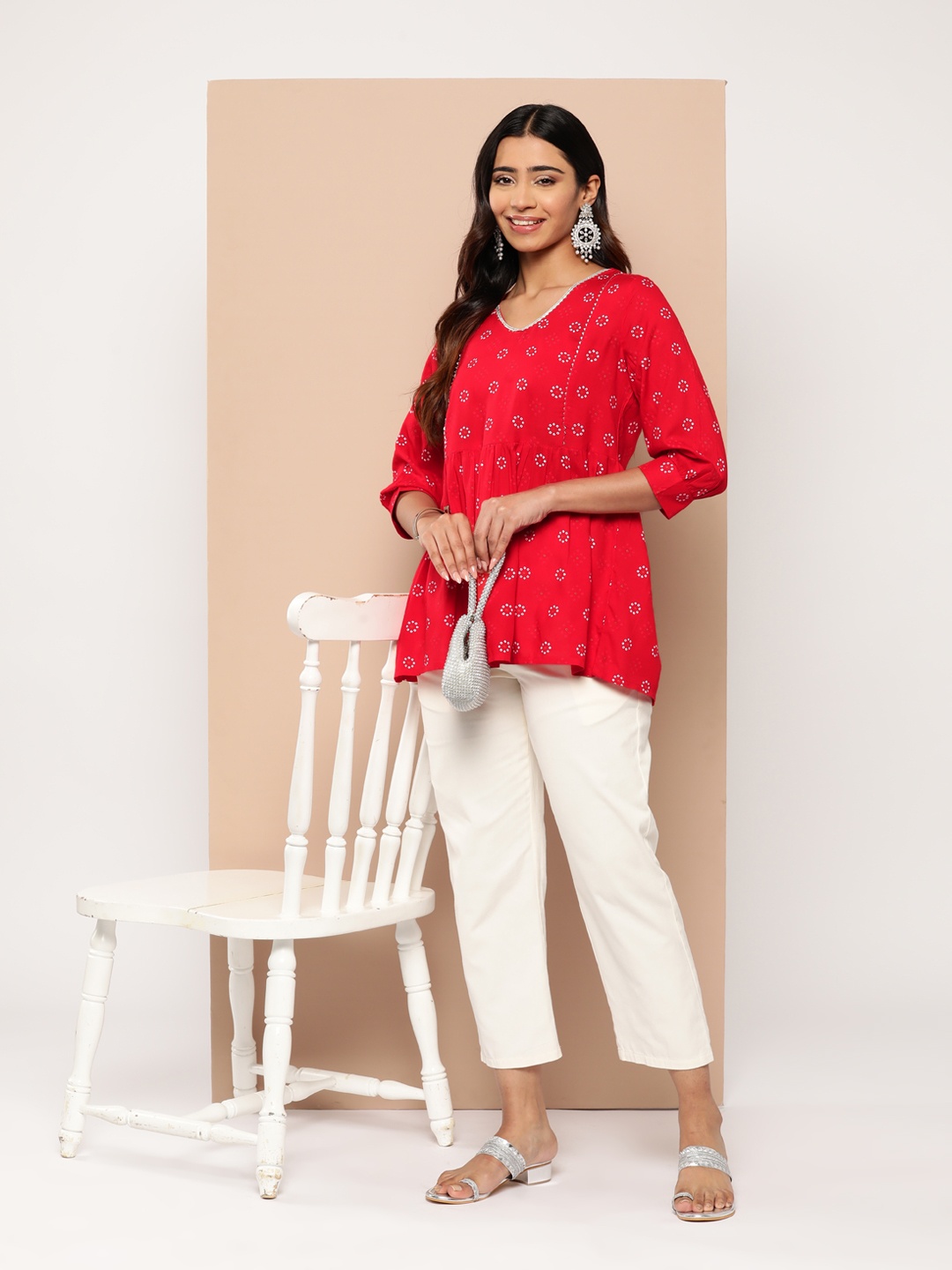 

HERE&NOW Bandhani Print Gotta Patti Pleated Kurti, Red
