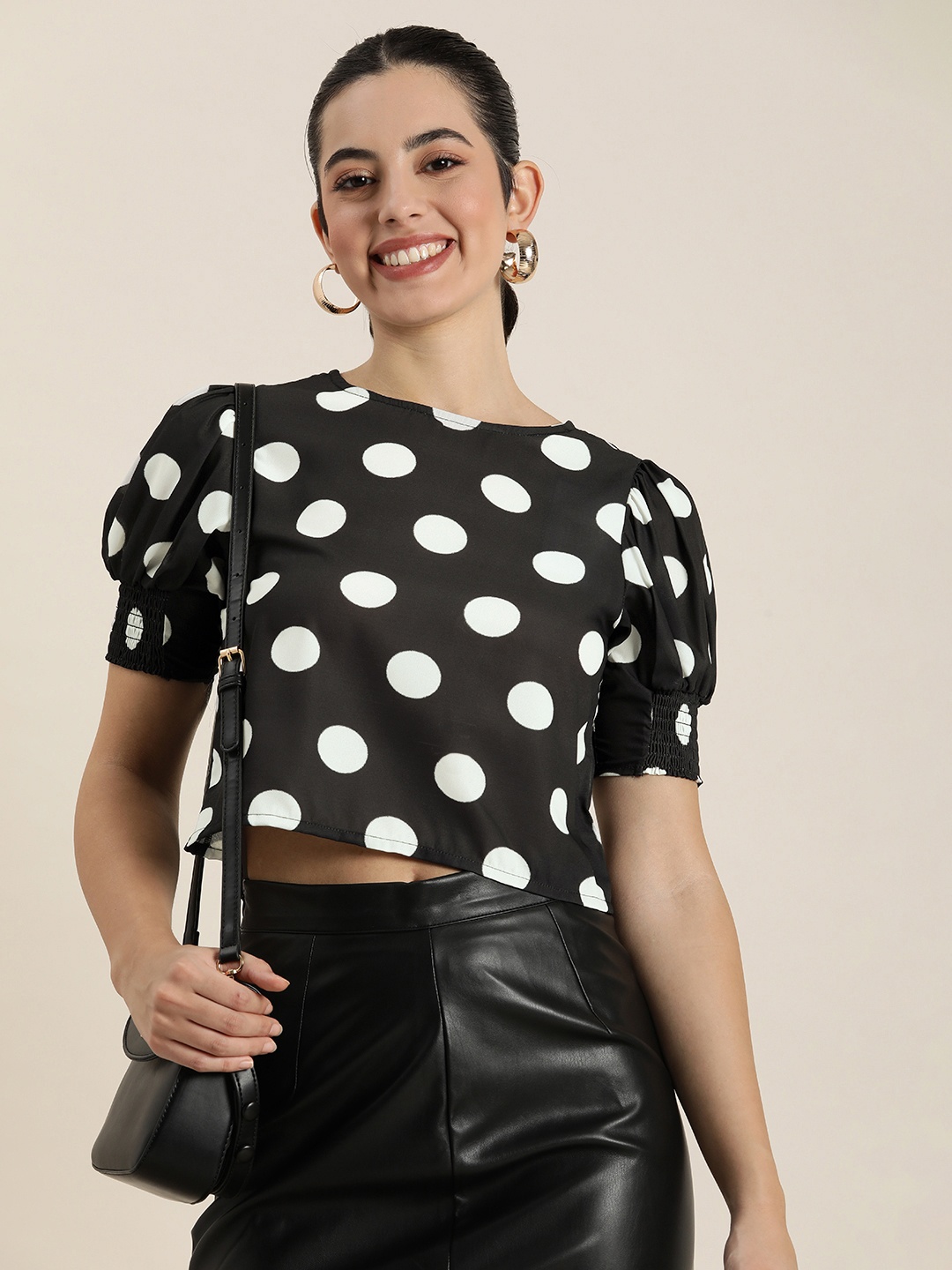 

HERE&NOW Geometric Printed Puff Sleeve Crop Top, Black