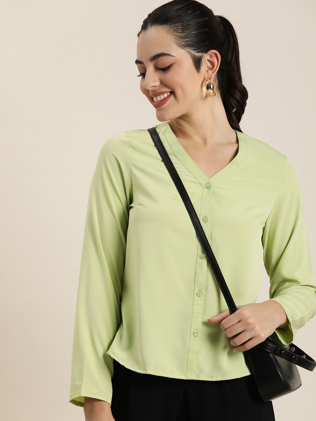 

HERE&NOW Collarless Casual Shirt, Green