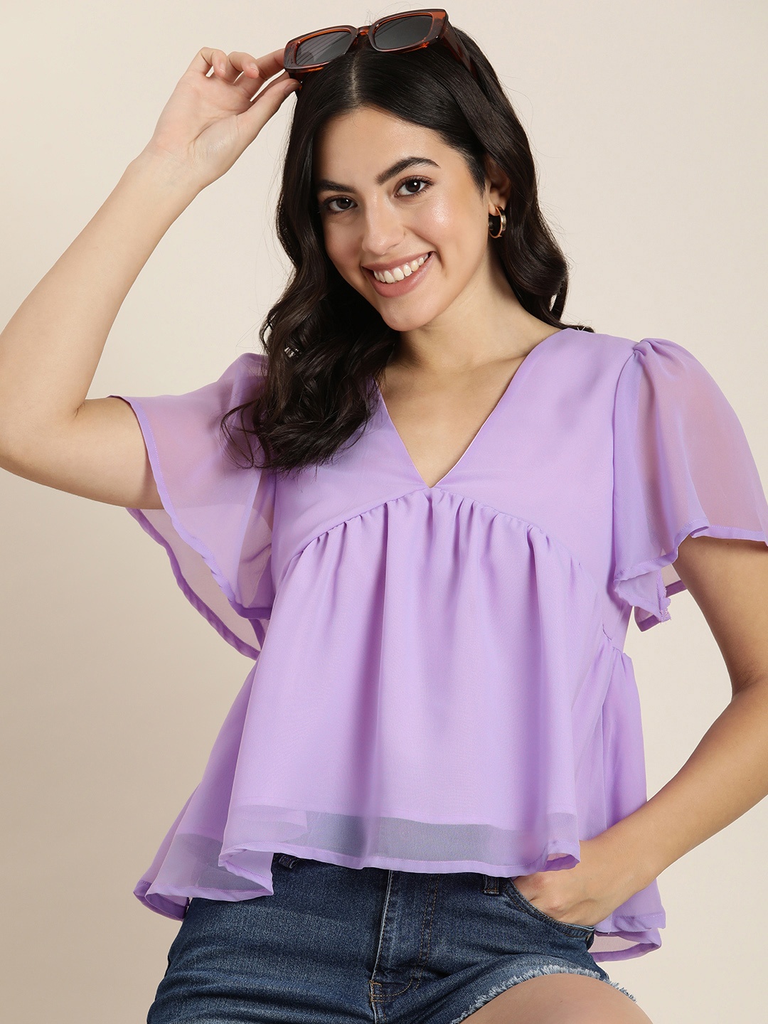 

HERE&NOW Solid Flared Sleeve Empire Top, Lavender