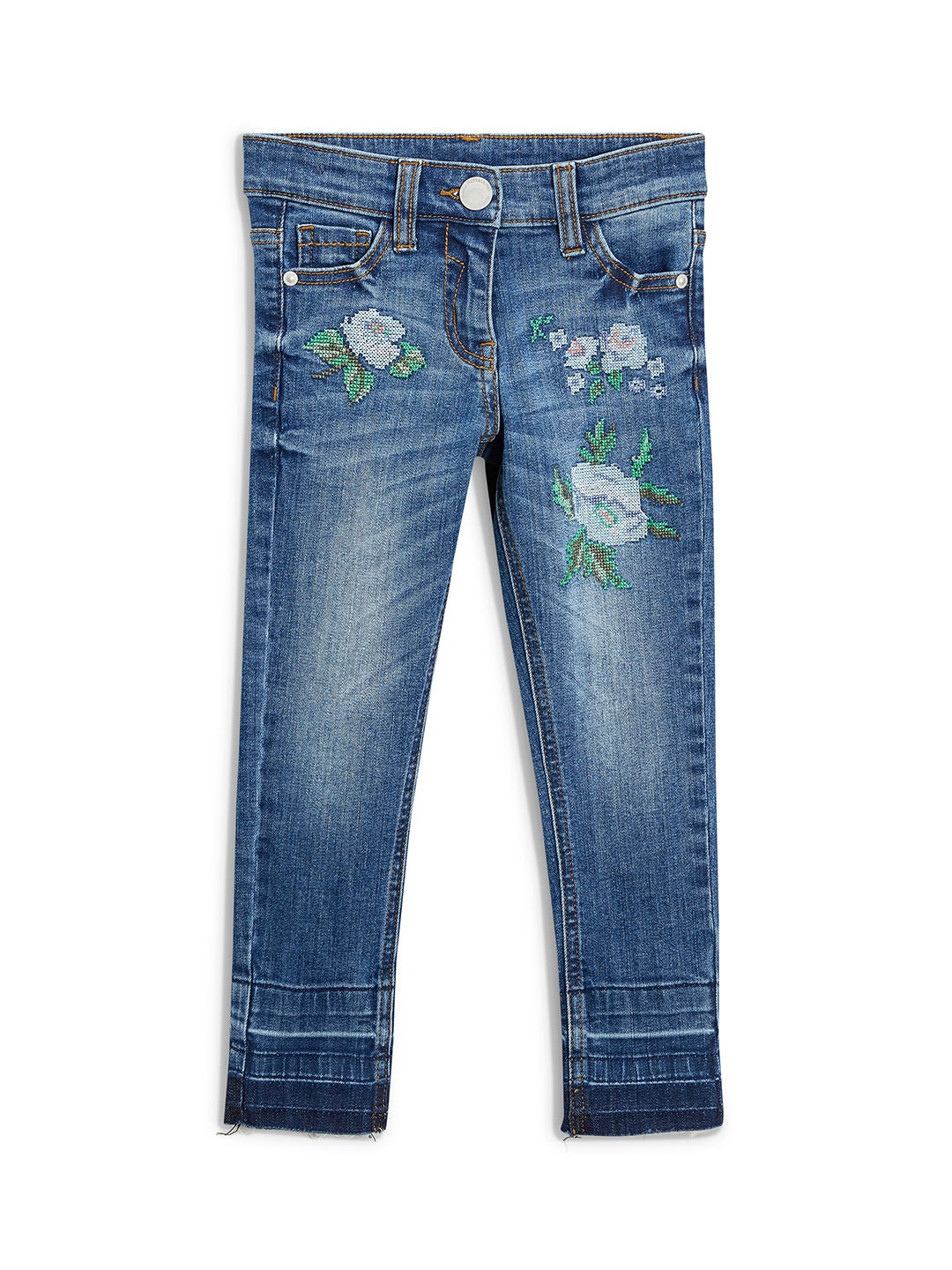 

next Girls Blue Straight Fit Mid-Rise Mildly Distressed Stretchable Jeans