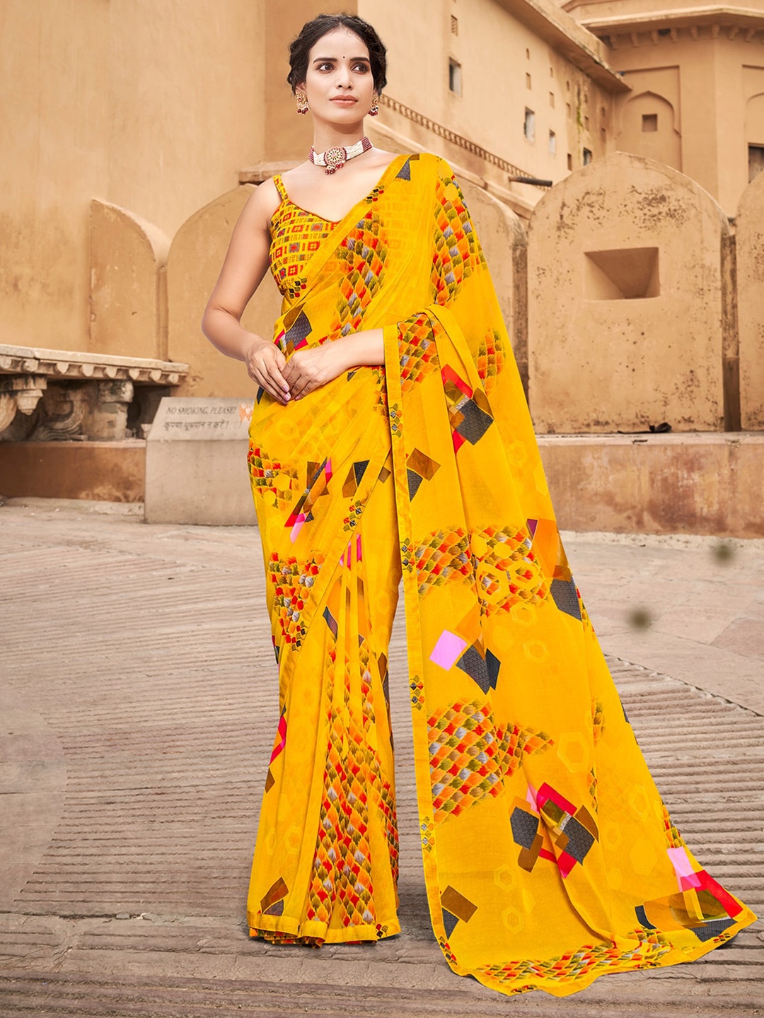 

SANSKAR Yellow & Red Poly Georgette Saree