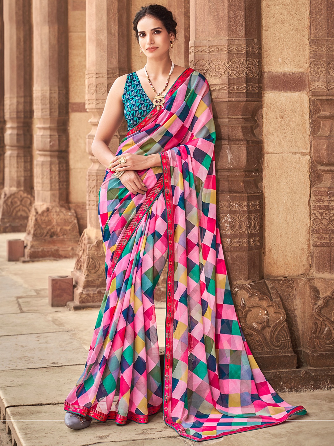 

SANSKAR Pink & Blue Checked Embroidered Poly Georgette Saree