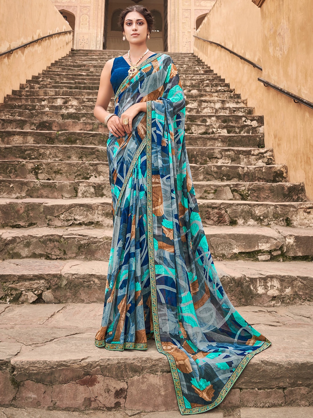 

SANSKAR Blue & Sea Green Poly Georgette Saree