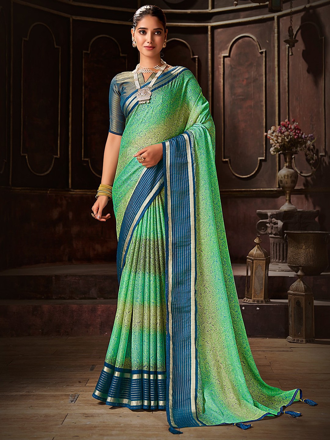 

SANSKAR Paisley Zari Pure Chiffon Saree, Green