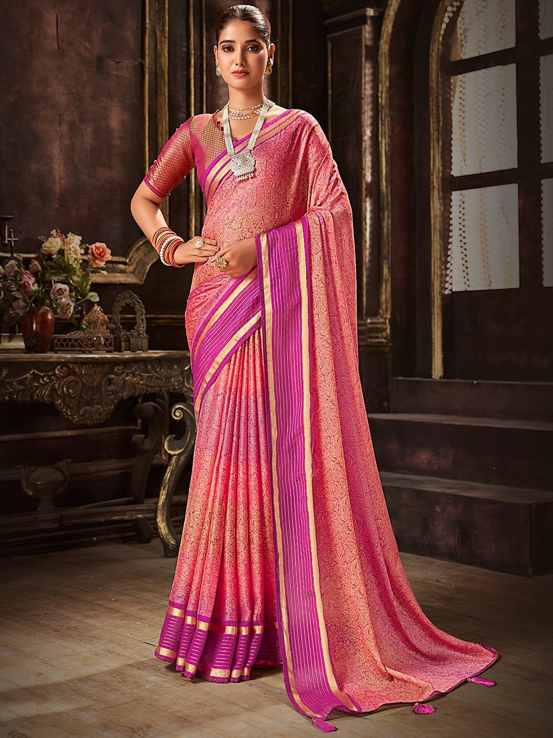 

SANSKAR Paisley Printed Zari Pure Chiffon Saree, Peach