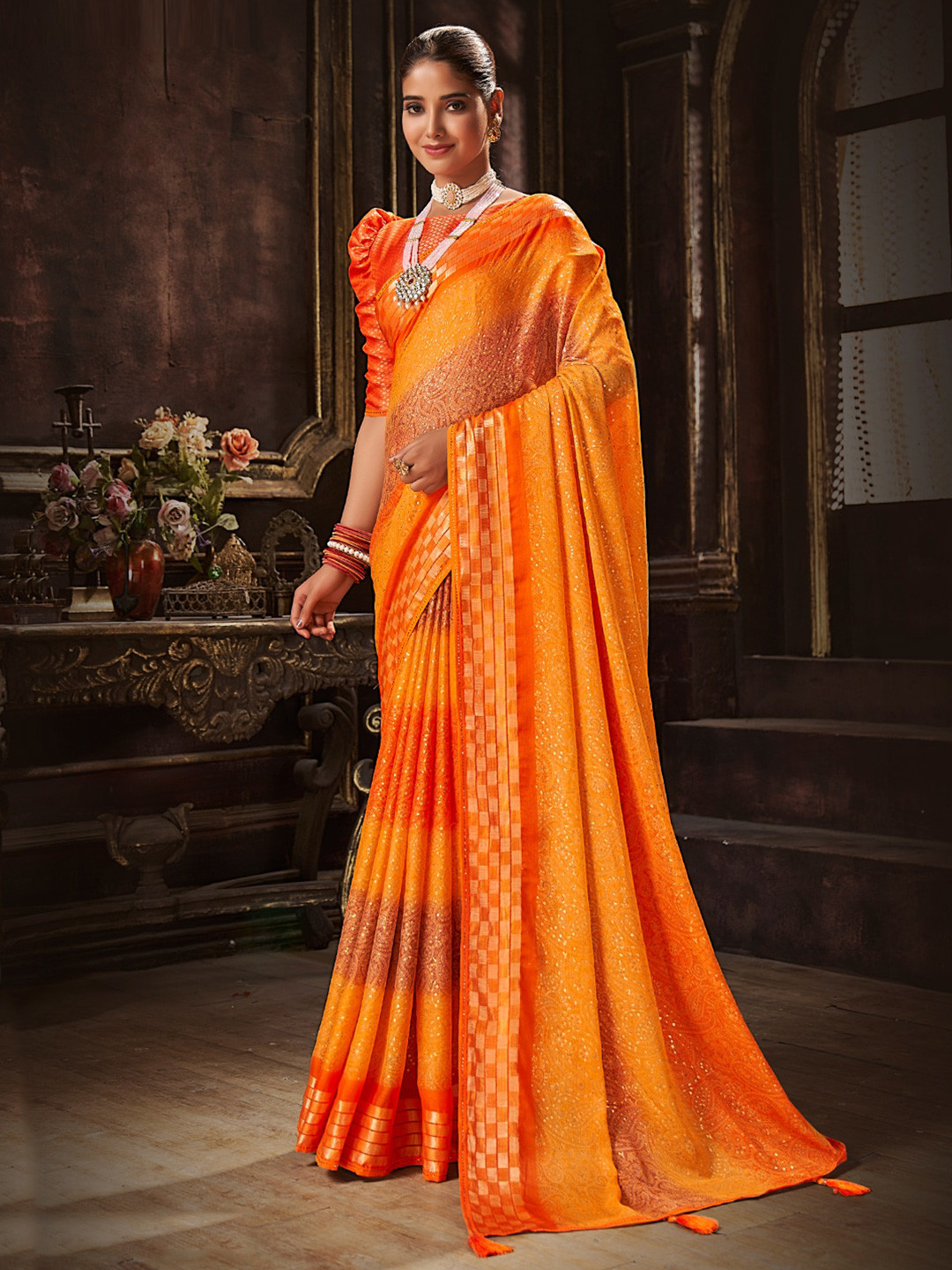 

SANSKAR Orange & Gold-Toned Paisley Zari Pure Chiffon Saree