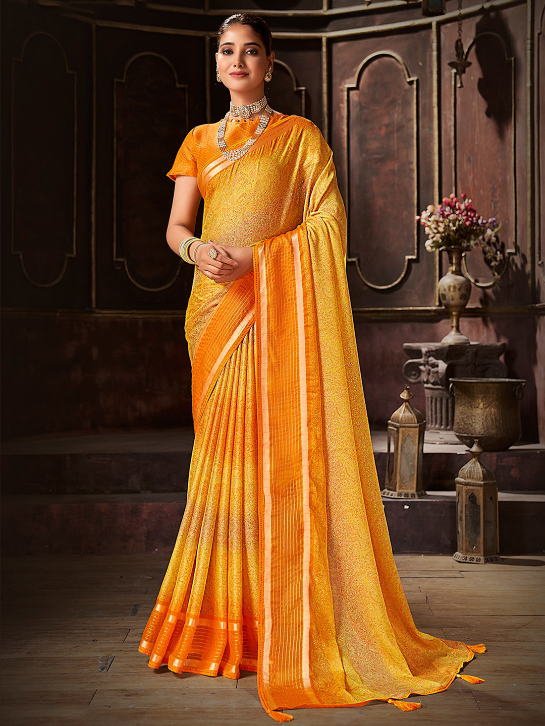 

SANSKAR Paisley Zari Pure Chiffon Saree, Yellow