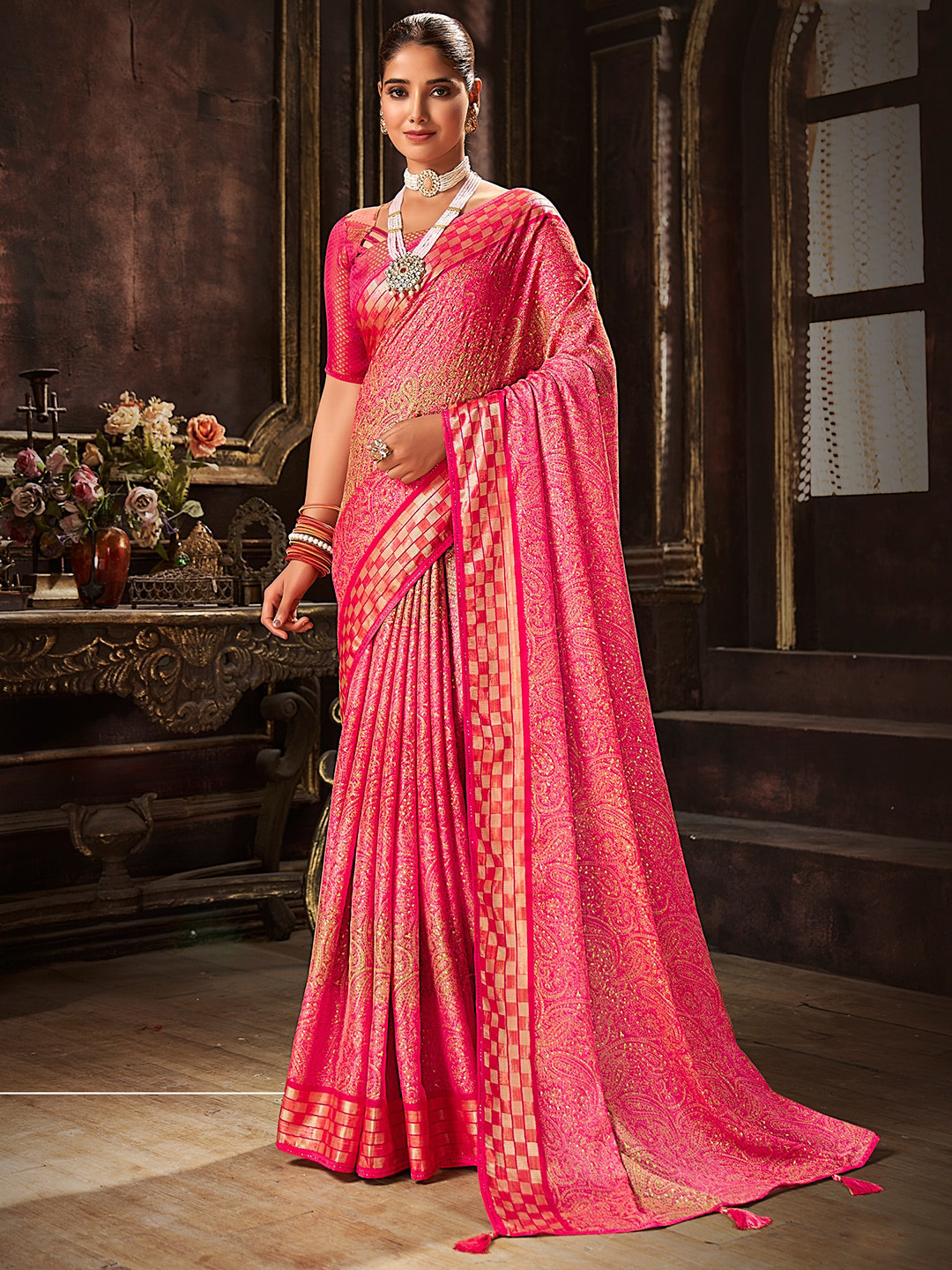 

SANSKAR Paisley Printed Zari Pure Chiffon Saree, Pink