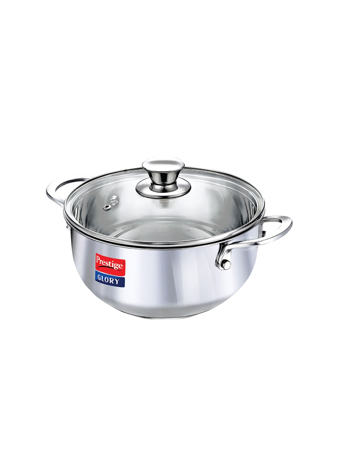 

Prestige Glory Silver Toned Stainless Steel Induction Base Kadai With Glass Lid-3.5L