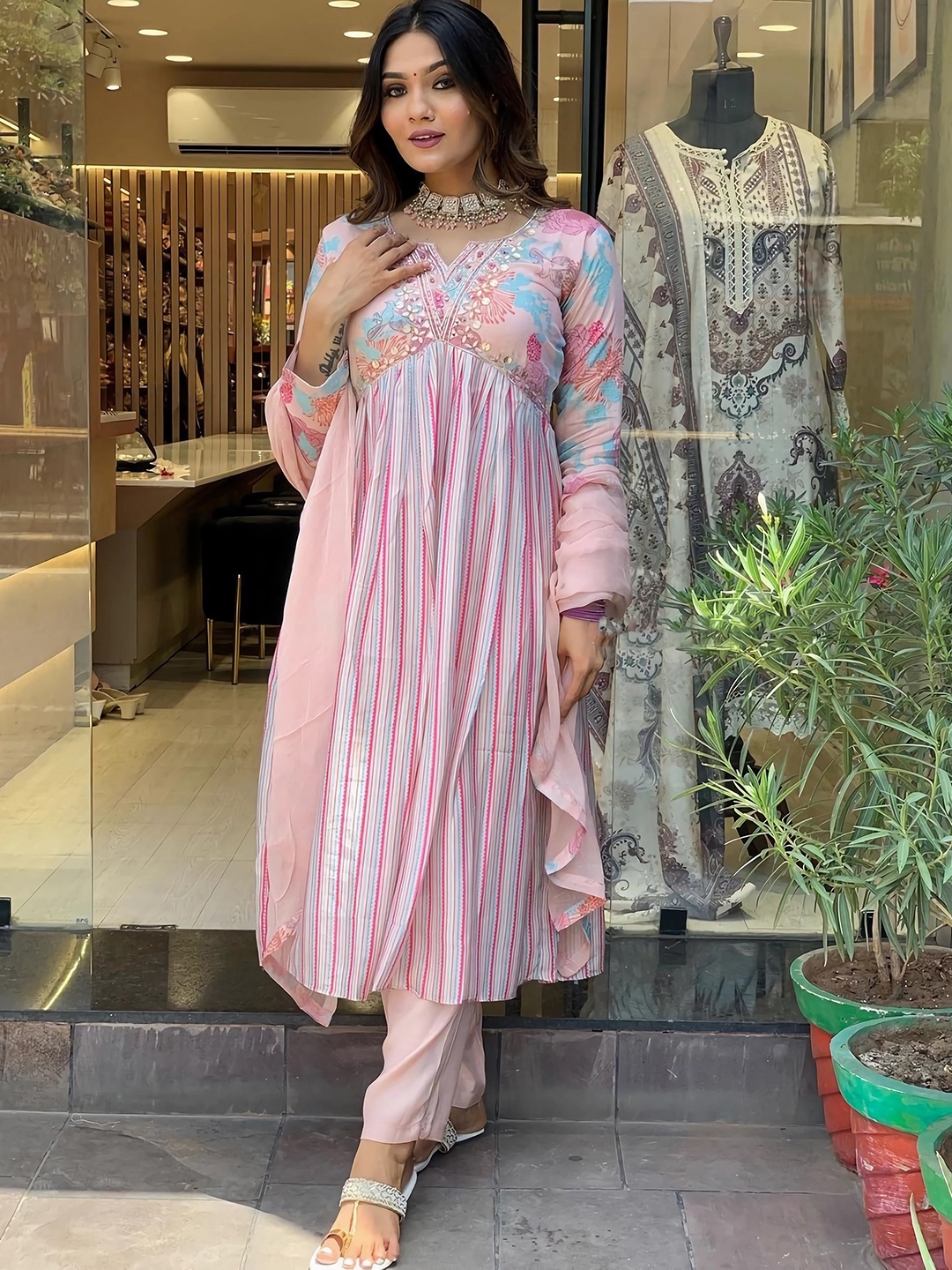 

KALINI Floral Printed Empire Beads And Stones Kurta With Trousers & Dupatta, Pink