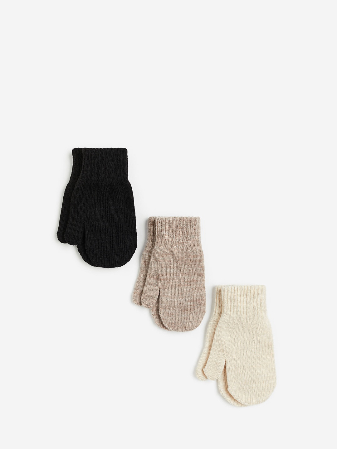 

H&M Girls 3-Pcs Ribbed Mittens, Black