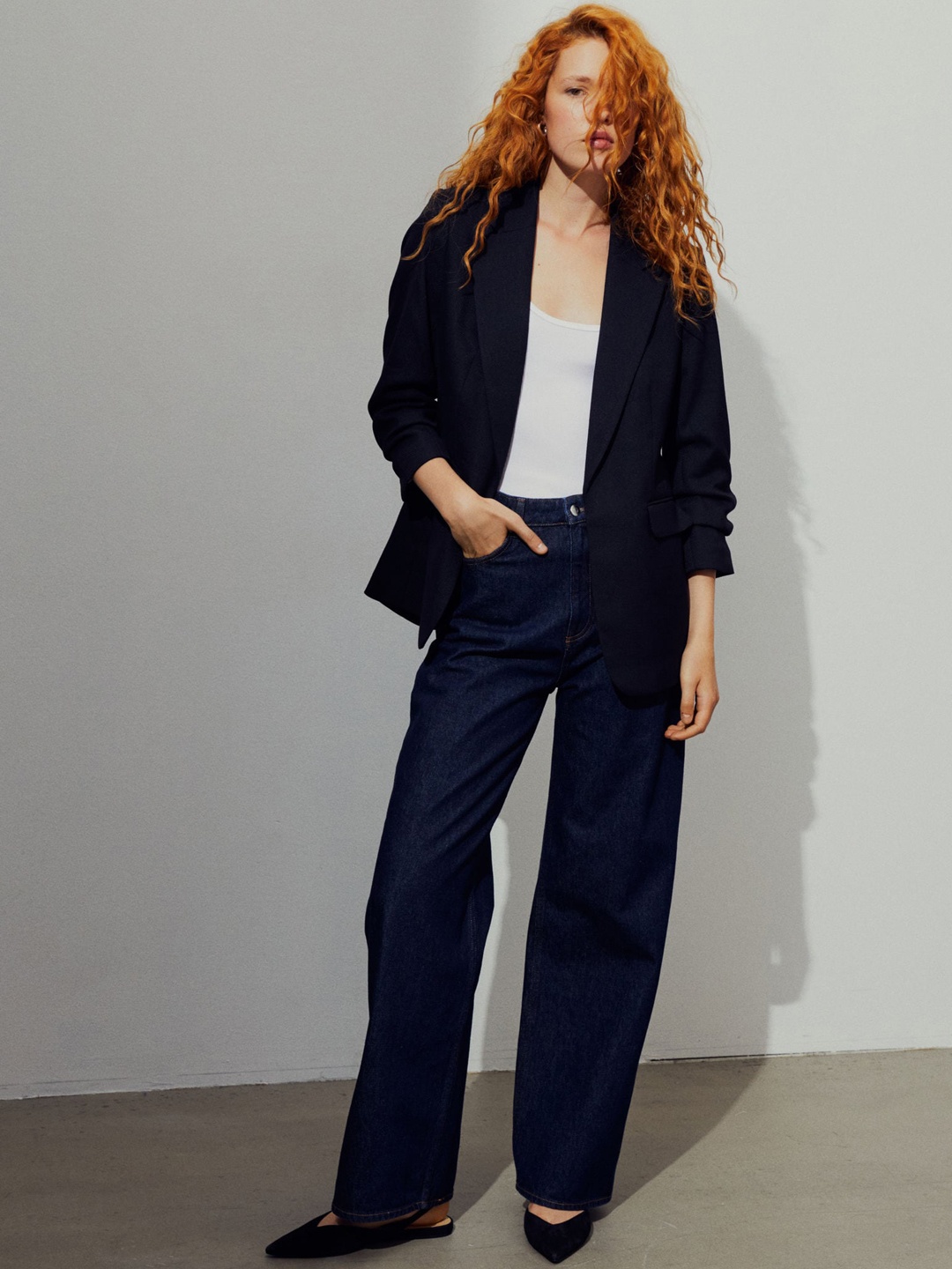 

H&M Gathered-Sleeve Blazer, Blue