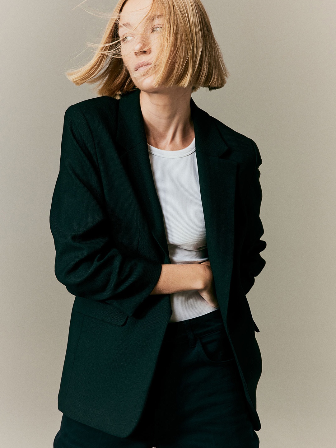 

H&M Gathered-Sleeve Blazer, Black