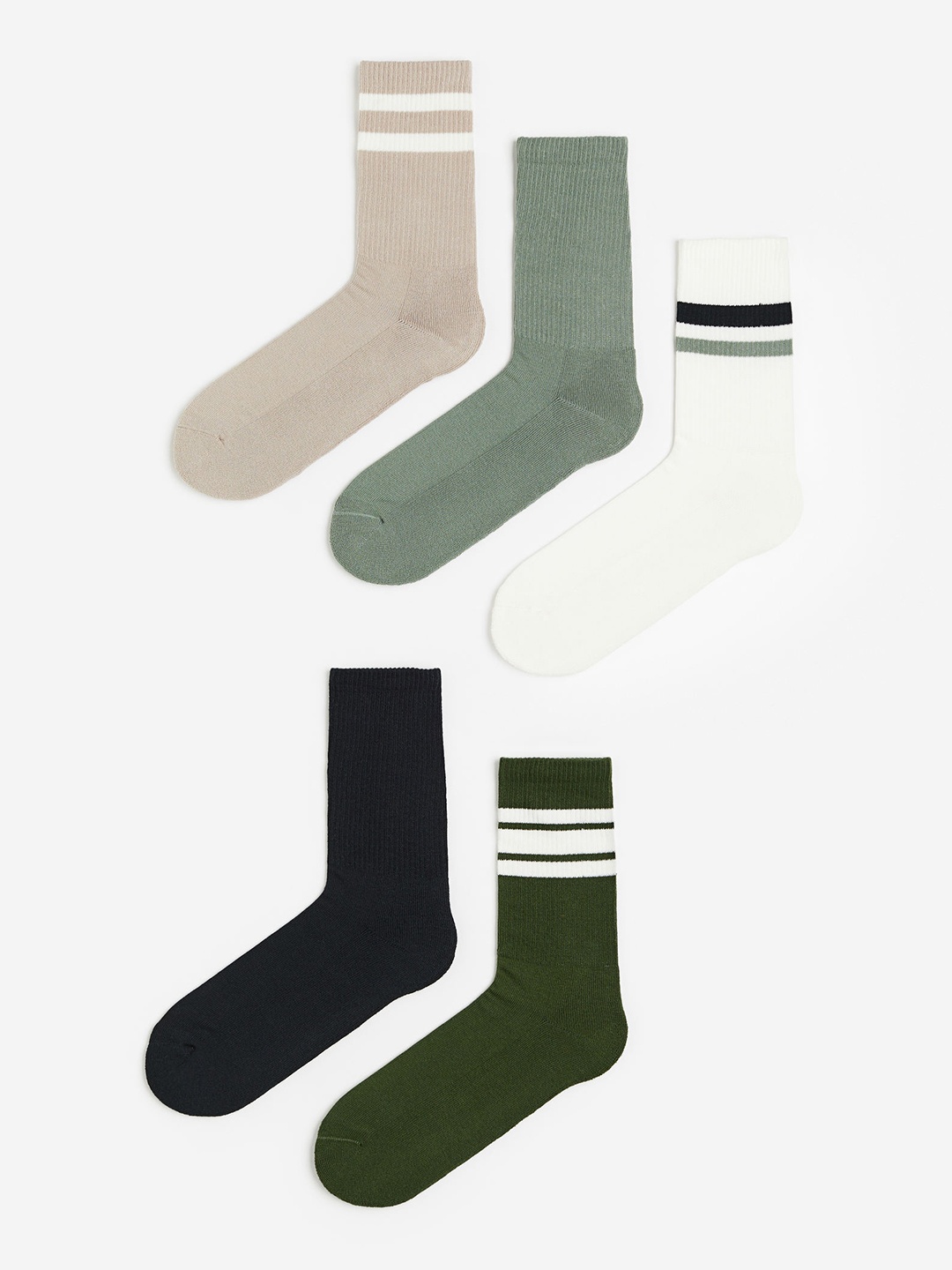 

H&M Men Pack Of 5 Rib-Knit Calf-Length Socks, Beige